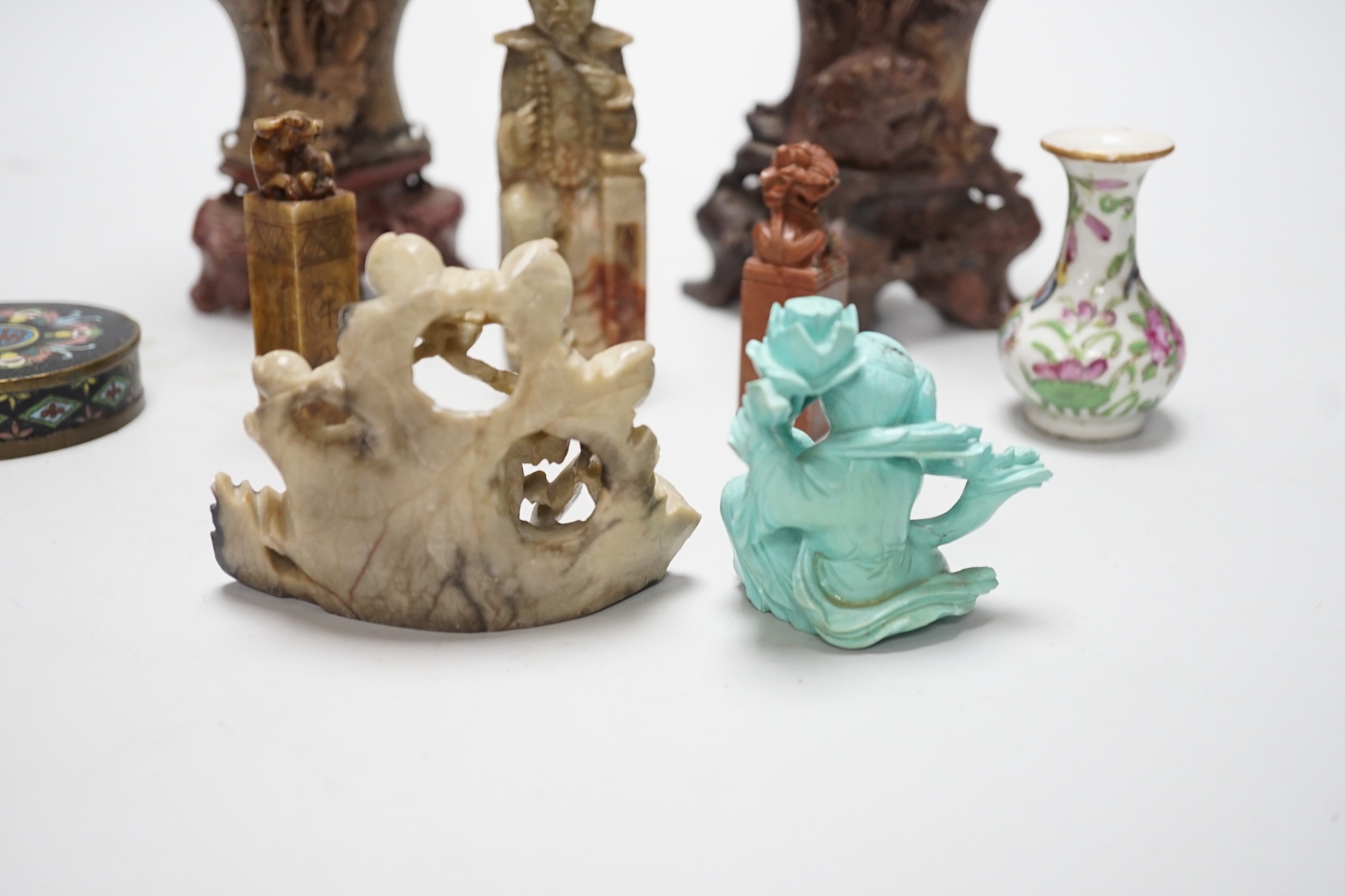 A group of Chinese soapstone carvings and seals, tallest 20cm